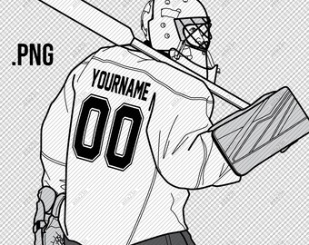 HOCKEY GOALIE with stick, Personalized with Name and Team #Number on the Back, Goaltender, Goaler, Goalkeeper figure, custom transparent PNG