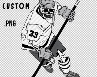 Custom HOCKEY Player SKELETON skating with stick, Personalized with Team NUMBER, Halloween digital print, sticker, line drawing, clear png