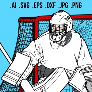 May include: A black and white illustration of a hockey goalie standing in front of a net. The goalie is wearing a white jersey, a helmet with a cage, and pads. The net is red and black.