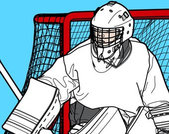 Hockey GOALIE in GOAL NET, front view Goalkeeper, Goaltender, youth minor kid child, line drawing art vector ai svg eps dxf jpg png download