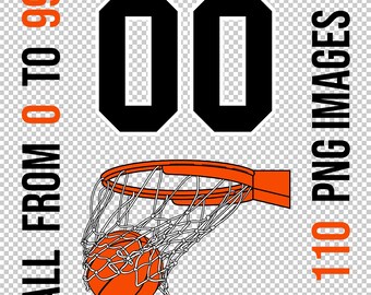 BASKETBALL SWISH Score illustration, SET of all Team Roster Numbers from 0 to 99, Orange Ball through a net, hoop rim, basket logo, download