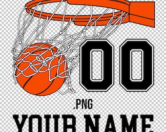 CUSTOM BASKETBALL SWISH Score illustration with Your Team Roster Number and Name at the bottom, Orange Ball through a net, hoop rim, basket