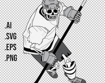 HOCKEY Player SKELETON skating with stick, Halloween digital print, sticker, line drawing illustration, skull, VECTOR ai eps svg, clear png