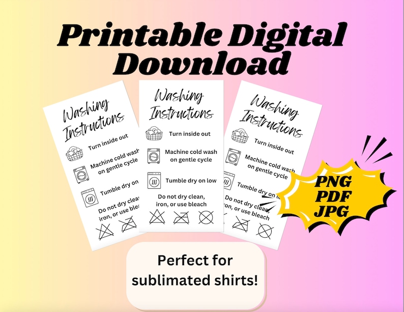 Printable Washing Instructions, Clothing Care Card, Sublimation Shirt