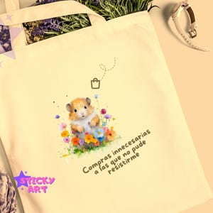 Sac réutilisable en coton bio - Sac écologique Kawaii Hamster avec fleurs, sac de courses écologique, sac fourre-tout en coton cadeau