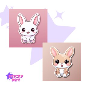 Pack 4 pegatinas de conejos multicolor, con fondo de color, cuadrado 10x10 cm. Imágenes prediseñadas de conejos adorables, 4 diseños