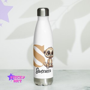 Botella de agua personalizada con nombre, la letra inicial S, botella de agua con diseño de suricata, botella de agua de acero inoxidable