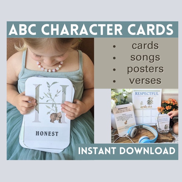 Alphabet character traits cards| morning basket cards| alphabet bible verse cards for kids| ABC Scripture cards| Character trait songs