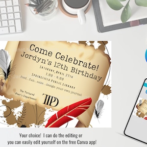 Puede incluir: Invitación para el 12 cumpleaños de Jordyn, con diseño de pergamino, plumas y el texto "Come Celebrate!". El evento es en la Biblioteca Pública de Springfield. El logotipo de Canva es visible.