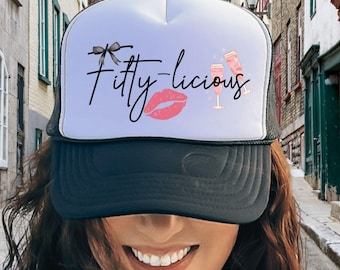 50th Birthday Trucker Hat: Fiftylicious Girl Squad Champagne Cap
