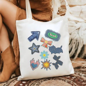 Kawaii Tote Bag, Y2K Cotton Canvas BagIta Aesthetic Tote Bag, Denim Patch Work