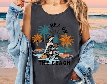 Witchy Summerween Comfort Colors Tank Top: Spooky Beach Vibes