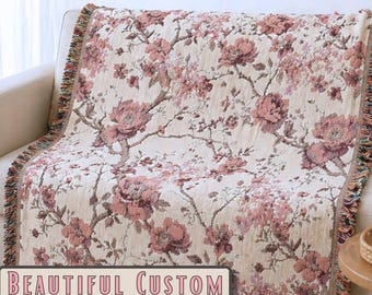 Shabby Chic Floral Cotton Throw for Sofa, pink blossom botanical design, farmhouse decor accent, year-round lightweight blanket
