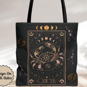 Cancer Zodiac Tote Bag: Celestial Crab, Moon Phases Design