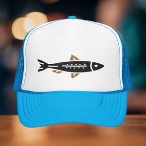 Embroidered Sardine Hat, Fish Trucker Hat, Hats For Dad, Summer Ball Cap, Beach Fish Cap, Sardine Gift for Him, Fisherman Hat, Sardine Print