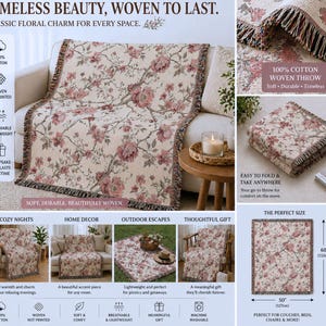 May include: A woven cotton throw blanket with a floral design in pink and beige. The blanket measures 127cm x 152cm and has a fringed edge. The image text reads "Timeless Beauty, Woven to Last" and "Classic Floral Charm for Every Space."