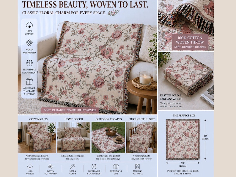 May include: A woven cotton throw blanket with a floral design in pink and beige. The blanket measures 127cm x 152cm and has a fringed edge. The image text reads "Timeless Beauty, Woven to Last" and "Classic Floral Charm for Every Space."