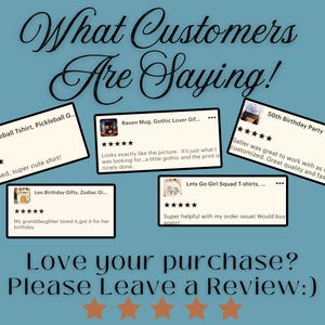 Op de afbeelding: Afbeelding met klantbeoordelingen op een blauwgroene achtergrond. Tekst luidt "What Customers Are Saying!" en "Love your purchase? Please Leave a Review:)". Beoordelingen worden weergegeven in witte vakken met sterrenbeoordelingen.
