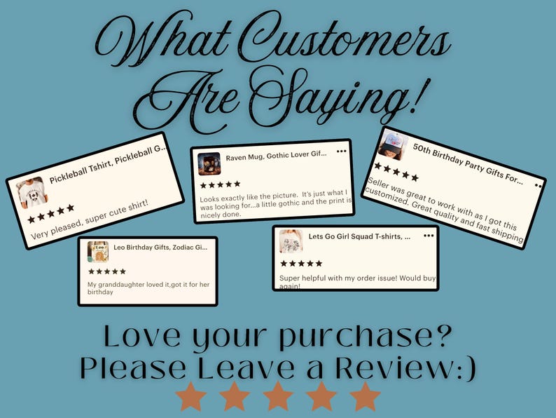 Op de afbeelding: Afbeelding met klantbeoordelingen op een blauwgroene achtergrond. Tekst luidt "What Customers Are Saying!" en "Love your purchase? Please Leave a Review:)". Beoordelingen worden weergegeven in witte vakken met sterrenbeoordelingen.
