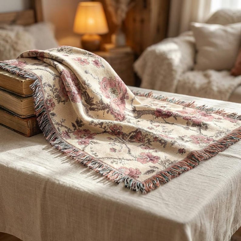 May include: A beige floral throw blanket with a fringed edge. The blanket has a repeating pattern of pink flowers and green leaves. The throw is draped over a table, displaying its design and texture.