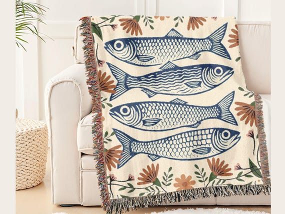 Sardine Art Woven Cotton Blanket: Beach House art decor, Coastal Tapestry Throw, Fish Design, beach blanket