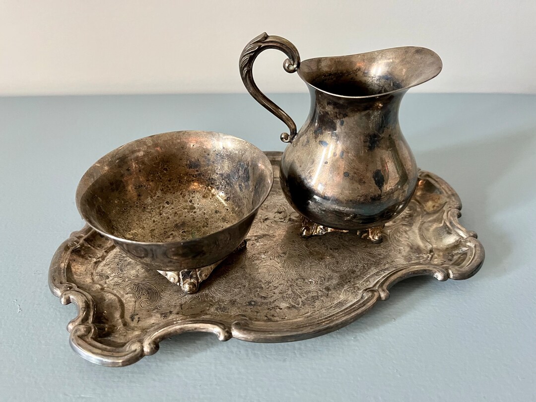 VINTAGE CREAM and Sugar Set,elegant Embossed Silver Plate,made in