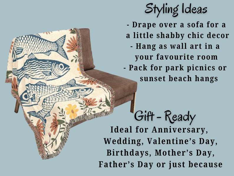 May include: A cream-colored throw blanket draped over a brown chair. The blanket features a repeating pattern of blue fish and floral accents. The text on the image says "Styling Ideas" and "Gift-Ready".