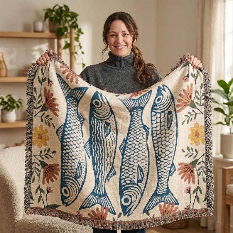 May include: A cream-colored throw blanket featuring four stylized blue fish designs. The blanket also includes floral and leaf patterns in shades of orange, yellow, and green. The edges are finished with a fringed trim, adding a decorative touch to the cozy home decor item.