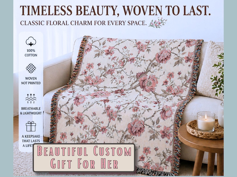 Bring timeless charm to your space with this vintage floral cotton woven throw. Crafted on a jacquard loom, the blanket features soft pink blossom motifs on a neutral base with multicolor fringe for a classic tapestry look