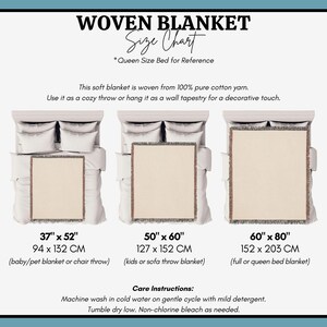 May include: A woven blanket size chart displays three blanket sizes: 37" x 52", 50" x 60", and 60" x 80". The chart includes measurements in inches and centimeters, along with care instructions. The text states the blanket is made from 100% pure cotton yarn.