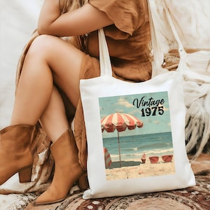 Cadeau 50e anniversaire pour elle, cadeau d'anniversaire personnalisé 50e, fourre-tout en toile carte postale vintage, fourre-tout fête d'anniversaire 50e, sac de plage côtière d'été italien