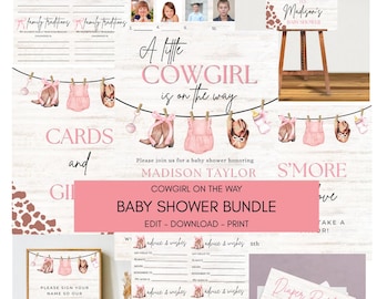 Editable Pink Western Baby Shower Bundle – Cowgirl on the Way | Invitation, Welcome Sign, Gift Table Sign, Jeopardy Game – Instant Download