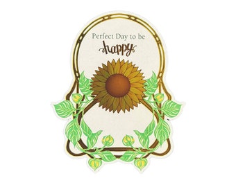 Perfect Day to be happy - Gold digital foil wine label with Sunflower - 3.5" Cover Up Label