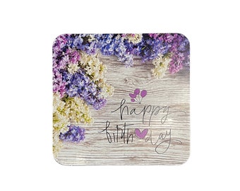 Happy Birthday -Lilacs - 4" Square with Rounded Edge and raised lettering - Cover Up Wine Label