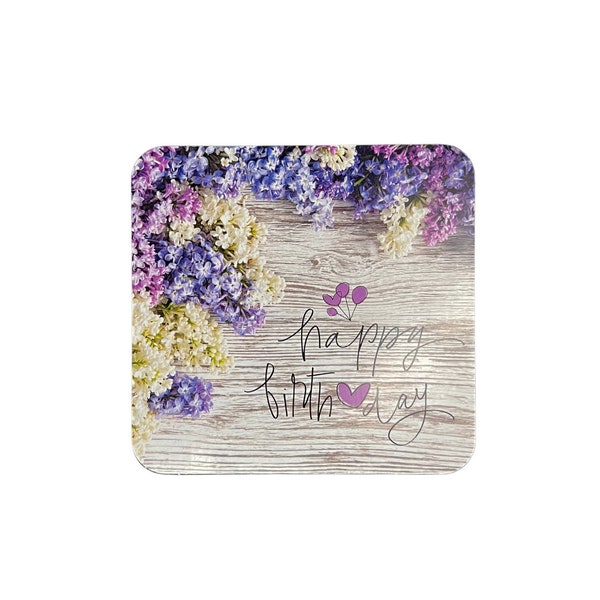 Happy Birthday -Lilacs - 4" Square with Rounded Edge and raised lettering - Cover Up Wine Label