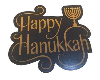 Gold Look Happy Hanukkah Label with Menorah Design - 2.5" Die-cut Beverage Label / Sticker