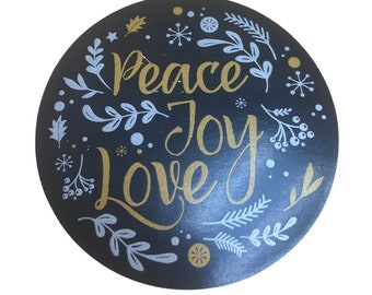 Silver and Gold Look Peace, Joy, Love Label - 2.5" Circle Beverage Label / Sticker