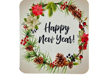 Square Happy New Year Label with Wreath Design - 4.25" Beverage Label Cover-up / Sticker