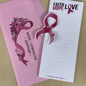 Briefpapier-Set zur Sensibilisierung für Brustkrebs, Notizblock mit rosa Schleife, Umschlag und Aufkleber, Notizblock mit den Motiven Glaube, Hoffnung und Liebe, Geschenk zur Ermutigung für Betroffene