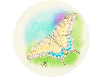 Hand Drawn Butterfly Label - 3.75" Textured Circle Beverage Label / Sticker