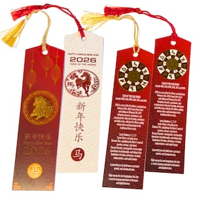 May include: Four Chinese New Year 2026 bookmarks with red and gold designs. The bookmarks have tassels and feature English and Chinese text, horse illustrations, and zodiac information.