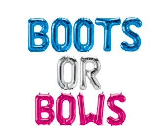 May include: Blue, silver, and pink foil balloons spelling out "BOOTS OR BOWS".