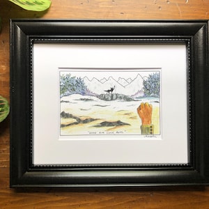 Puede incluir: Una ilustración enmarcada de un lobo aullando a la luna en un paisaje de montaña nevado. El texto "Wish him luck, boys." está escrito debajo de la imagen.