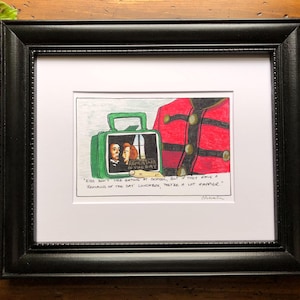 May include: A hand-drawn cartoon illustration of a person wearing a red jacket and holding a green lunchbox. The lunchbox has a picture of a movie poster on it that says "Breakfast at Tiffany's". The caption below the image reads "Kids don't like eating at school, but if they have a "Breakfast at Tiffany's" lunchbox, there's a lot happier."