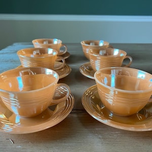 1950s Fire King Peach Luster Three Bands Kitchenware Set 6 Coffee Cups & Saucers