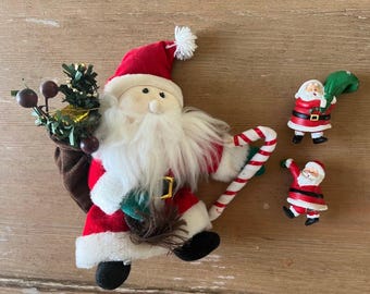 3 Vintage 1980s Santa Christmas Decorations + 2 Cocktail Drink Hanging Figurines