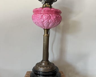 Antique Victorian Pink Cranberry Milk Glass Oil Lantern Electric Parlor Lamp