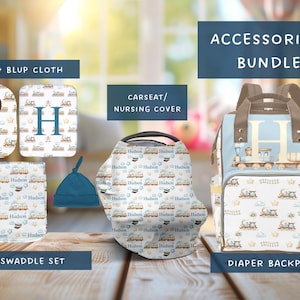 Paket med personliga tågtillbehör | Inbäddad filt | Bilbarnstolsskydd | Blöjväska | Babyshowerpresent
