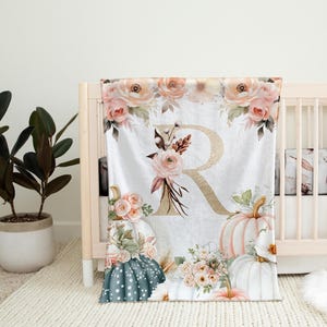 Coperta con monogramma personalizzato / Fiori di campo autunnali / Zucche / Tema autunnale / Neonata / Regalo per baby shower