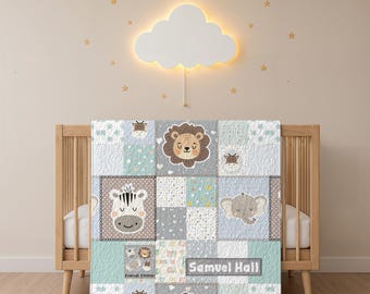 Personalized Safari Blanket | Gender Neutral | Printed Patchwork | Baby Shower Gift